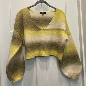 Ombre V-Neck Cropped Balloon-Sleeve Sweater